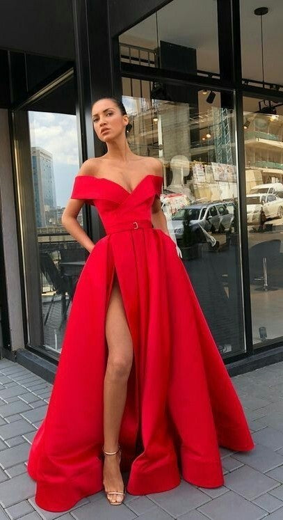 Sexy Split Off Shoulder Red Prom Dress ...